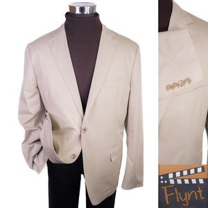 Flynt Khaki Solid Beige Sport Coat Jacket Blazer Two Button Sz 46R Cotton EUC